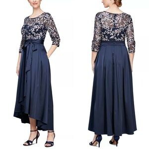 ALEX EVENINGS Sequin Floral Embroidered Bodice 3/4 Sleeve Satin Tie Waist Gown 6